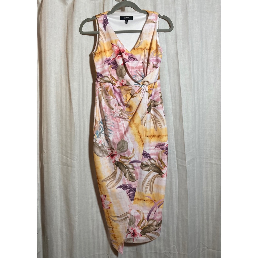 Guess Women Tropical Floral Twist Front V-Neck Sheath Dress Pink Yellow 6 Brunch